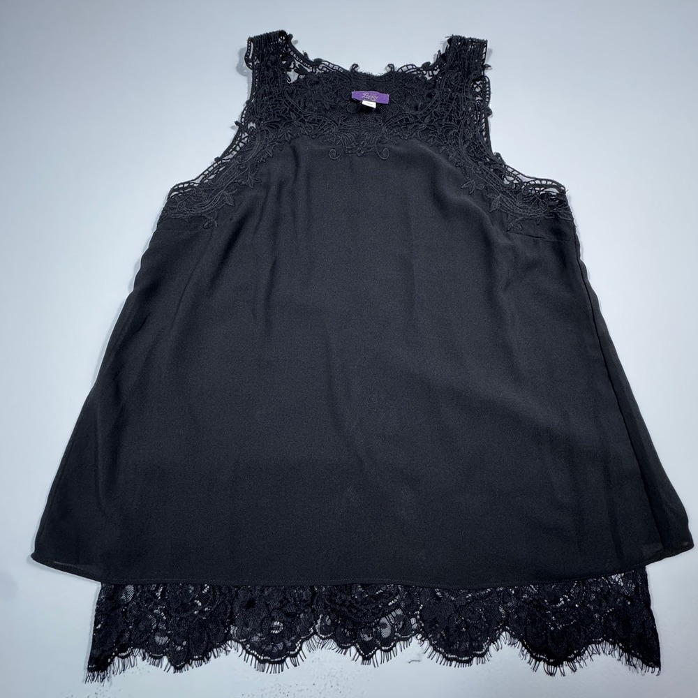 Truly Poppy Black‎ Lace Trim Sleeveless Split Back Blouse Top Medium